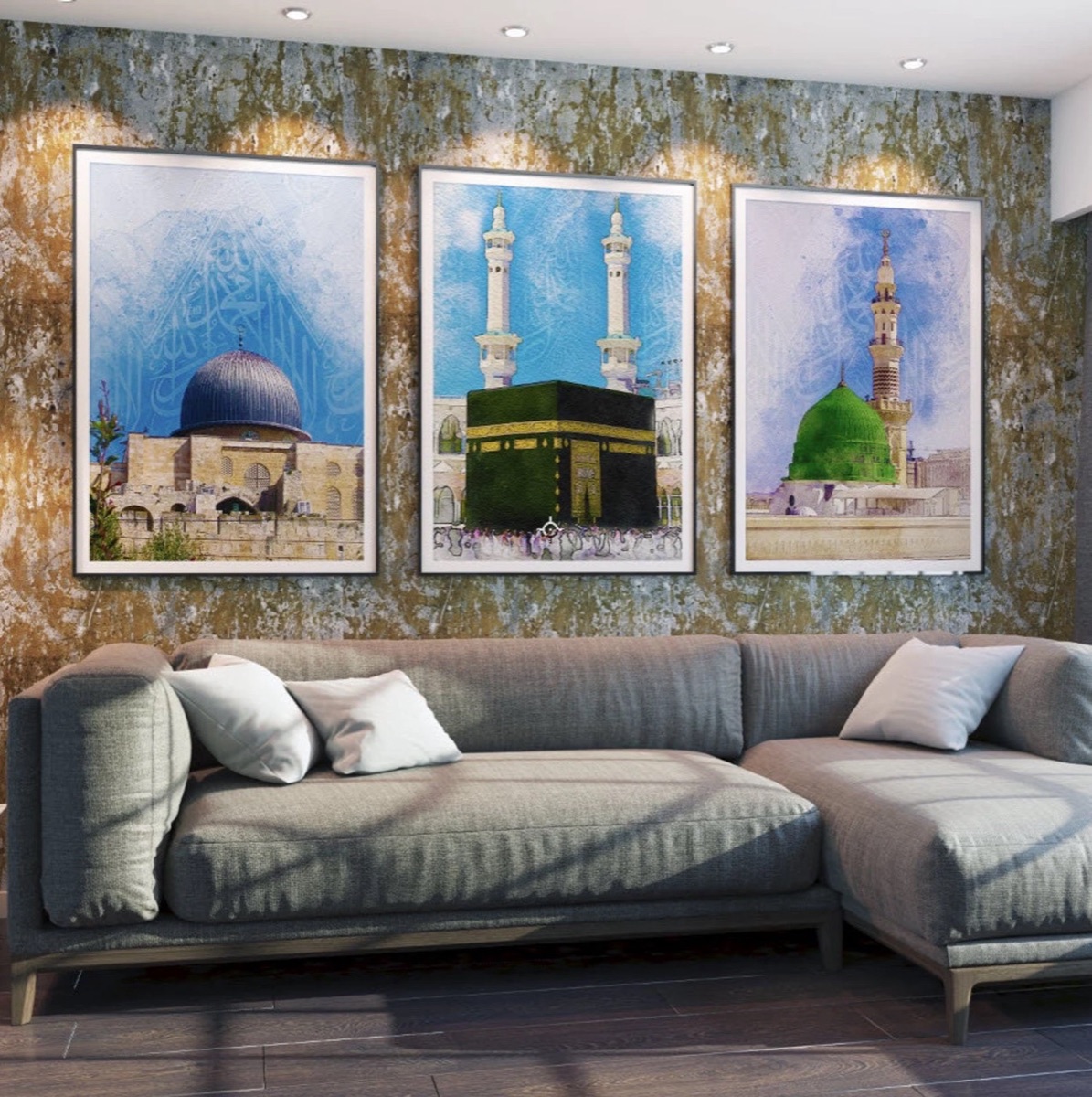 A set of three framed in white on a pale wall