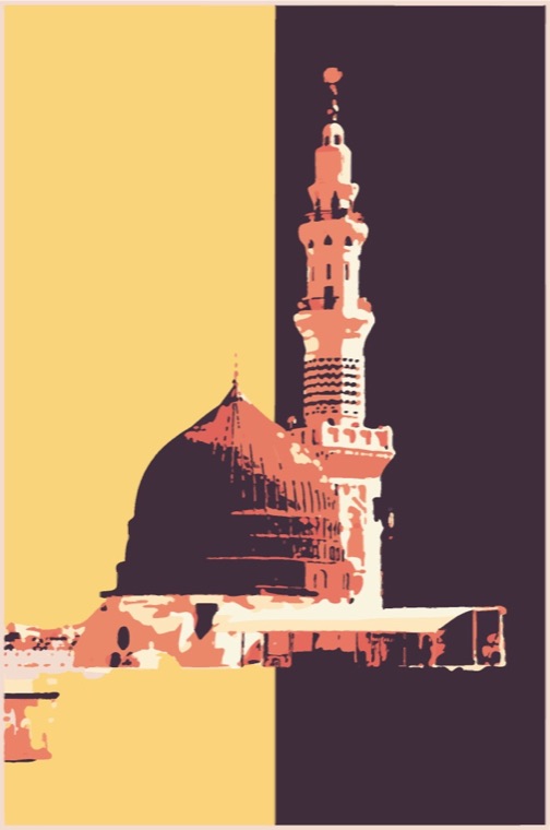 Masjid al-Nabawi in flat duotone, gold and plum