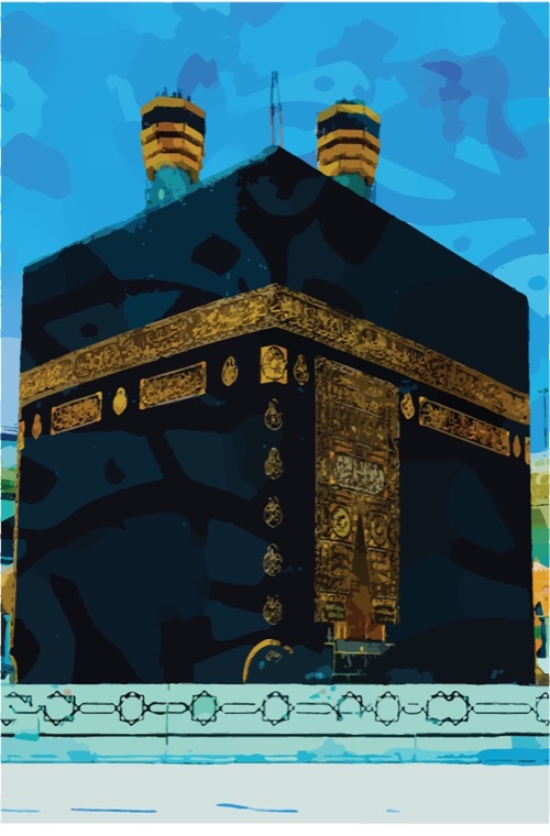 The Kaaba, painterly treatment on blue