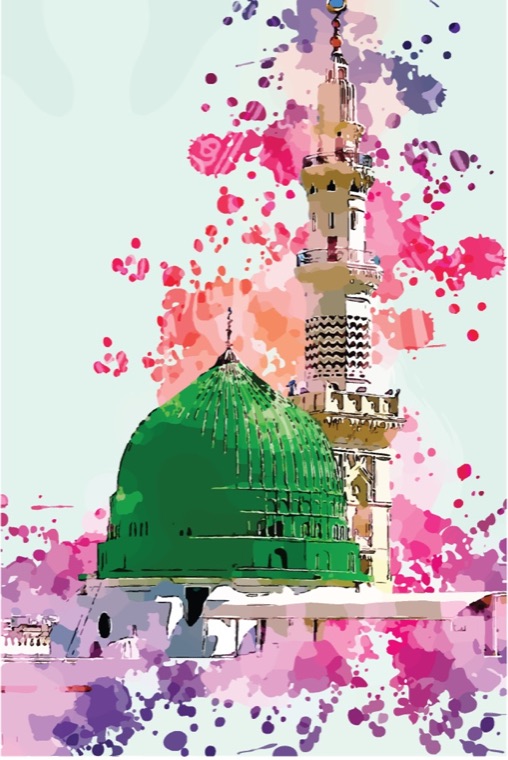 Masjid al-Nabawi with pink and purple ink splash